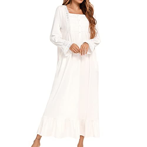 Homgro Women's Cotton Victorian Nightgown Long Sleeve Sleep Dress Lace Frill Calf Length Square Neck Billowy Old Fashioned Pajama Shirt Soft Sleepwear Long Nighty Pocket White Medium - Image 3