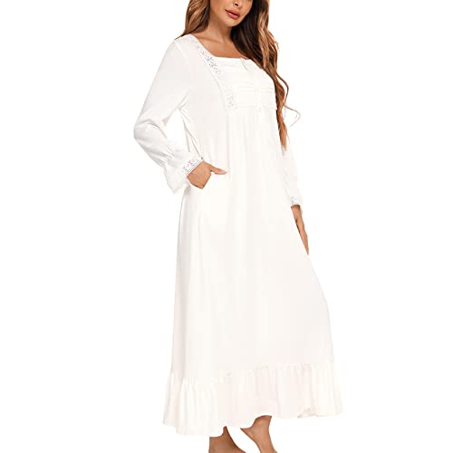Homgro Women's Cotton Victorian Nightgown Long Sleeve Sleep Dress Lace Frill Calf Length Square Neck Billowy Old Fashioned Pajama Shirt Soft Sleepwear Long Nighty Pocket White Medium - Image 5