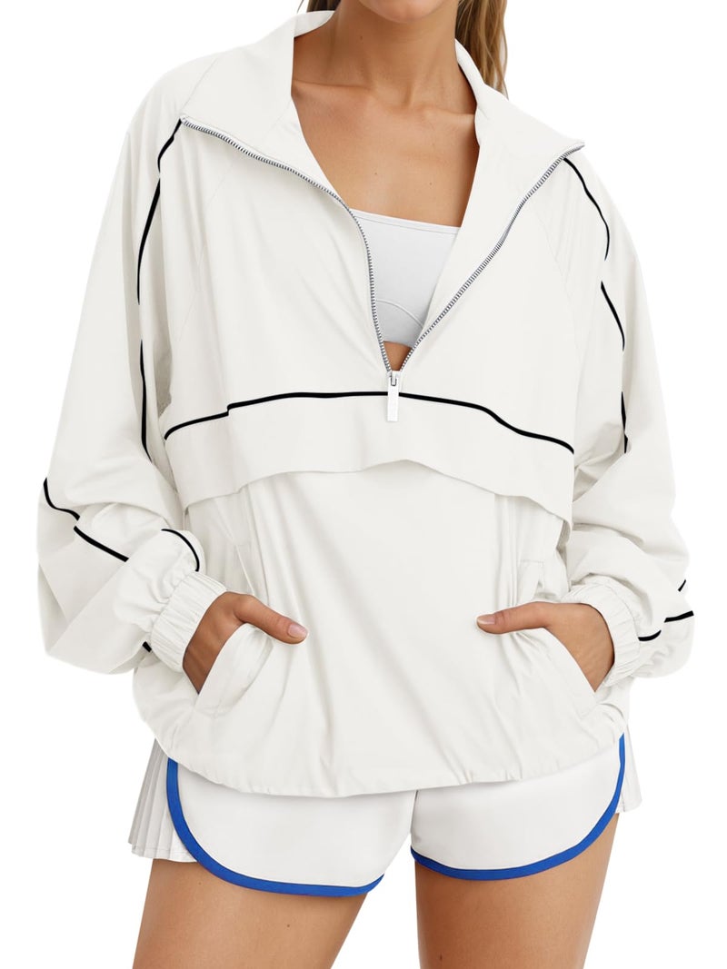 Fisoew Quarter Zip Pullover Women Lightweight Windbreaker Jacket Running Hiking Outdoor Pullover with Pocket - Image 1