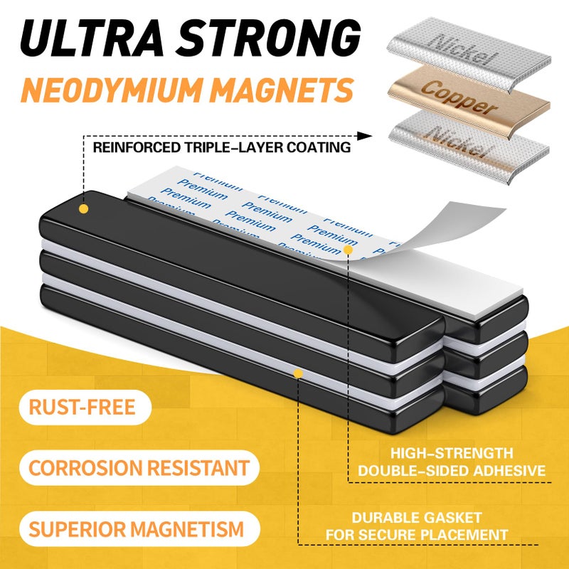 FINDMAG 6 Pack Super Strong Neodymium Bar Magnets with Double-Sided Adhesive, Strong Magnet Heavy Duty, Magnets with Adhesive Backing for Fridge, Whiteboard - 60x10x3mm - Black - Image 2