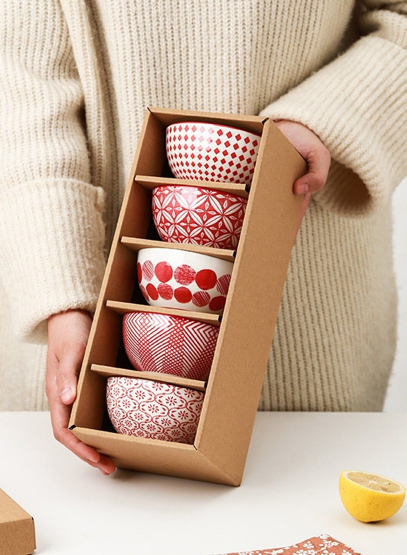 Creative Ceramic Soup Bowl Rice Bowl, Classic Japanese Red Tableware Bowl, for Kitchen Household 5 Bowl Set, Housewarming Gift - Image 2
