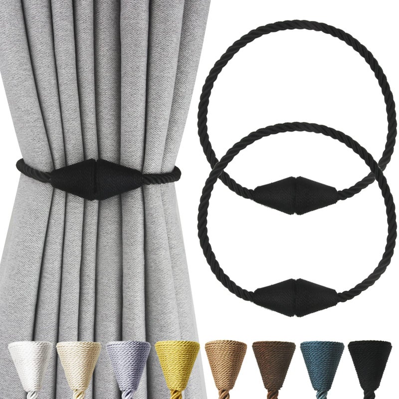 Nieffeiy 2 Pack Magnetic Curtain Tiebacks Rope Modern Handmade Curtain Tie Backs Decorative Drapes Weave Holdbacks for Window Dcor Black