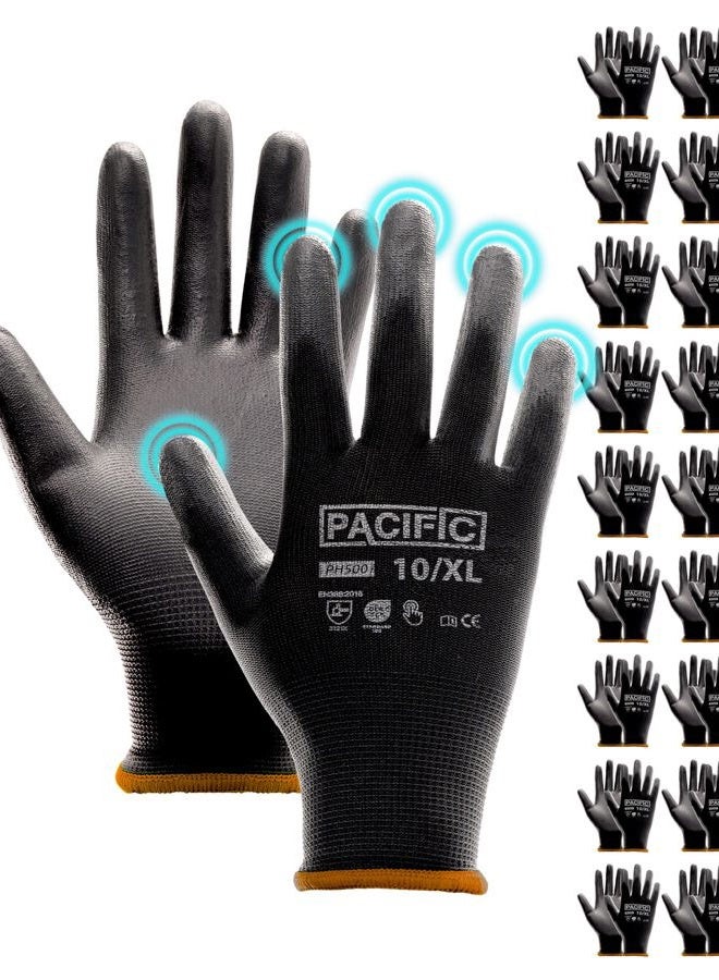 PACIFIC PPE Work Gloves PU Coated-18 Pairs, Touchscreen Working Gloves for Men and Women, Mechanic Gloves, Lightweight, Black, Extra Large - Image 1