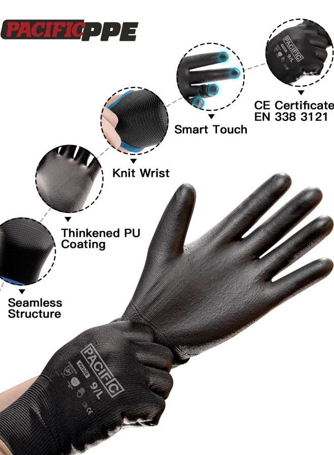 PACIFIC PPE Work Gloves PU Coated-18 Pairs, Touchscreen Working Gloves for Men and Women, Mechanic Gloves, Lightweight, Black, Extra Large - Image 3