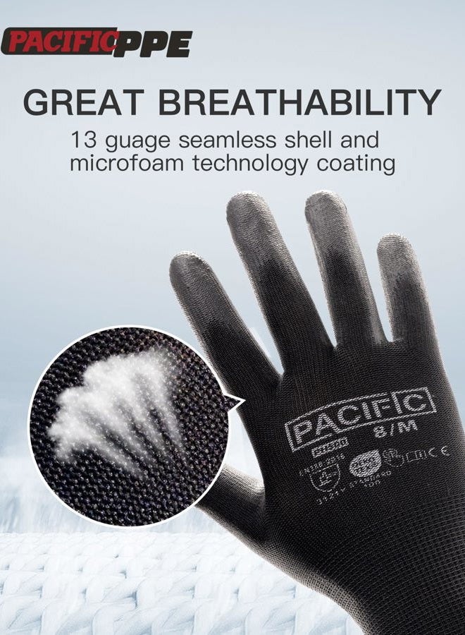 PACIFIC PPE Work Gloves PU Coated-18 Pairs, Touchscreen Working Gloves for Men and Women, Mechanic Gloves, Lightweight, Black, Extra Large - Image 2