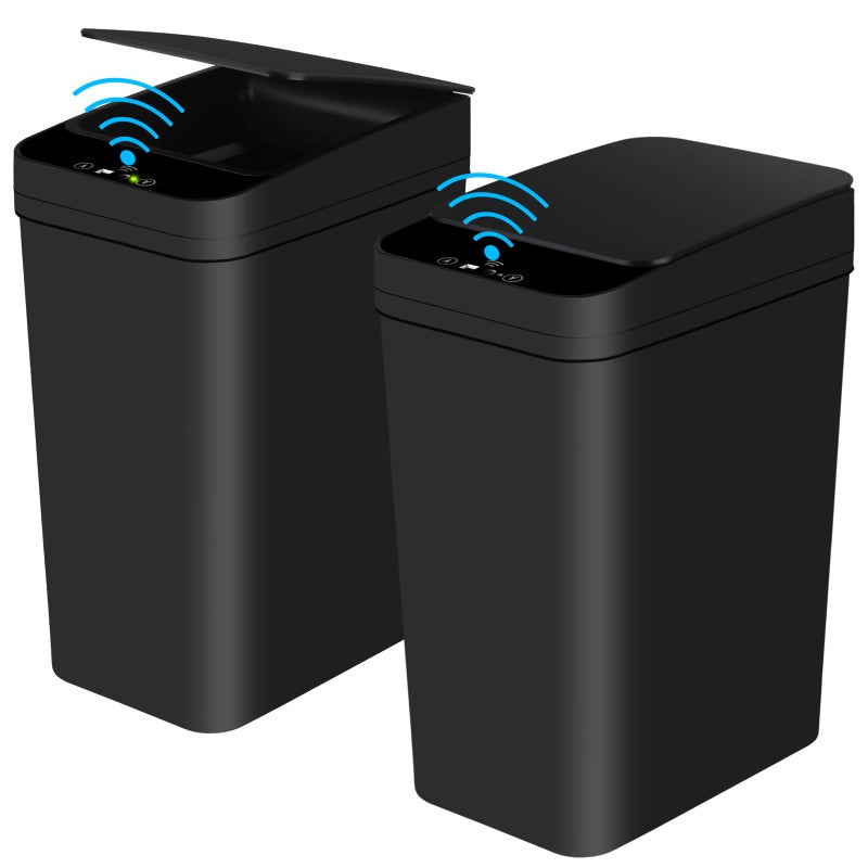 Anborry Bathroom Automatic Trash Can 2 Pack 2.2 Gallon Touchless Motion Sensor Small Slim Garbage Can with Lid Smart Electric Narrow Garbage Bin for Bedroom Office Kitchen (Black) - Image 1