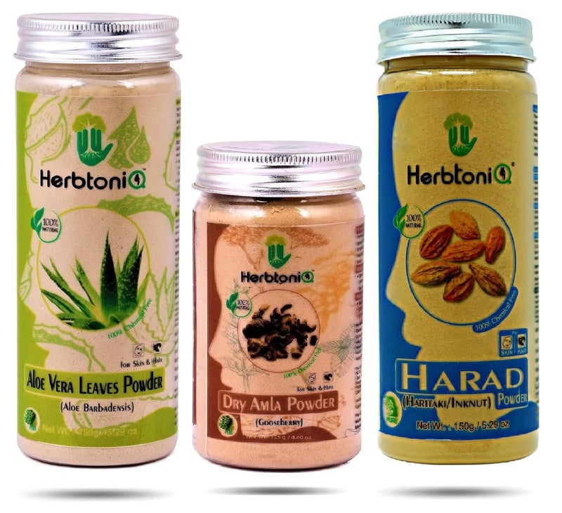 Herbtoniq HerbtoniQ 100 Natural Aloe vera Dry Amla and Harad Powder for Dandruff Frizzy Hair Damaged Hair Intensive Hair Care Pack 425 Gram - Image 1