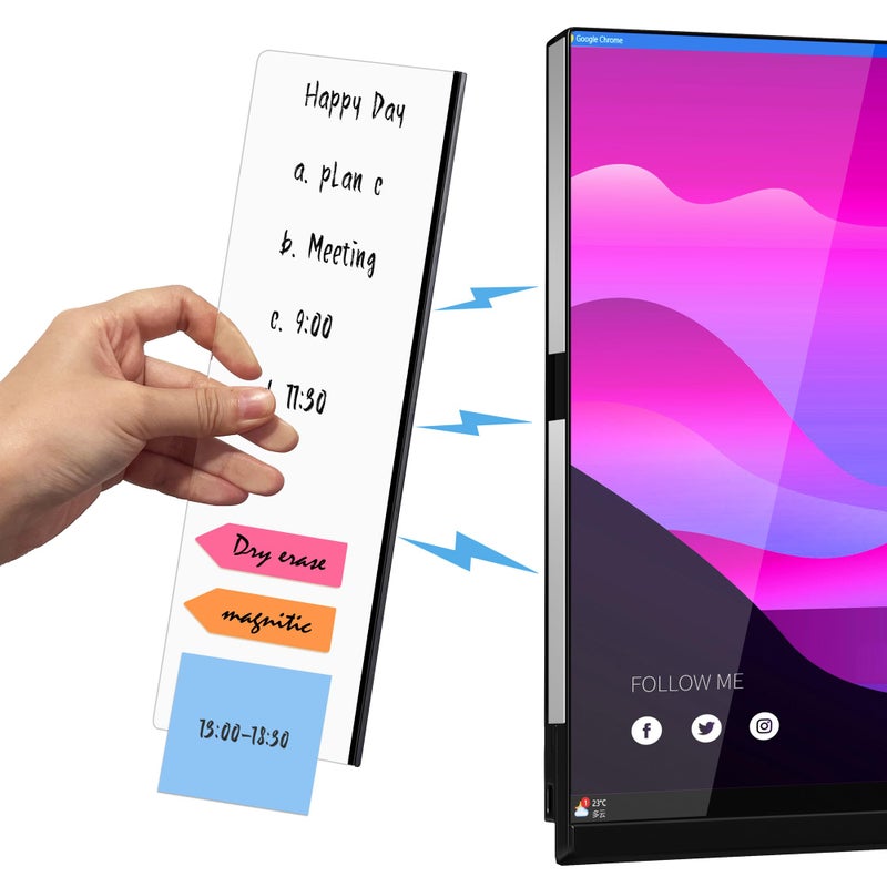 Crpich Magnetic Acrylic Monitor Memo Board, Clear Large 13.2 x 3.3 Inches, Detachable Side Screen Note Holder with 2 Adhesive Metal Plates, Vertical to Do List Organizer for Office & Home - Image 1