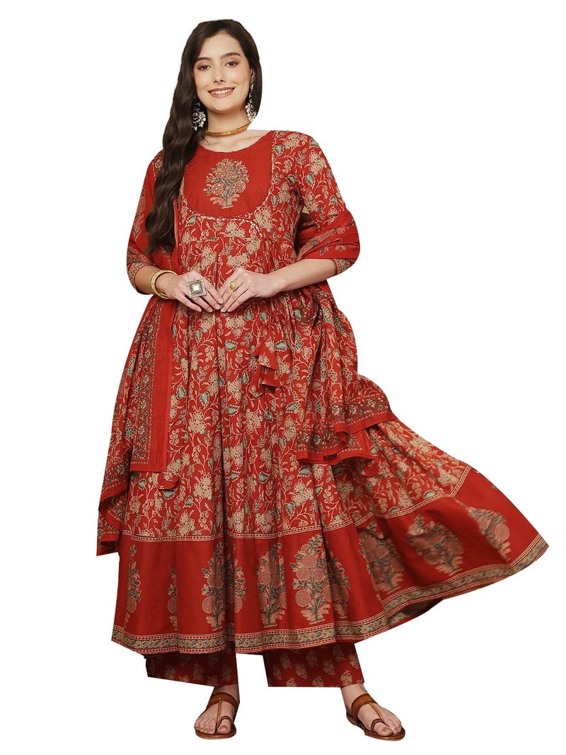 Kimayra Women's Cotton Calf Length Printed Round Neck Anarkali Kurta Suit Set(KIM8008PC3MAROON_S, Maroon) - Image 4