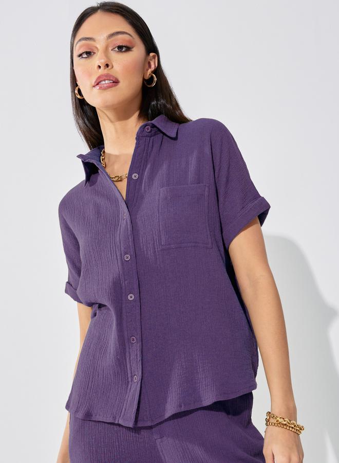 Styli Cotton Gauze Textured Shirt with Turn-Up Sleeves  - Image 3
