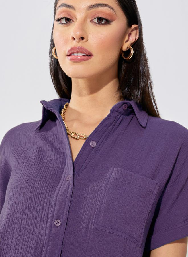 Styli Cotton Gauze Textured Shirt with Turn-Up Sleeves  - Image 4