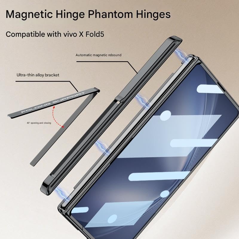 Midkart Magnetic Case Compatible with Vivo X Fold 5 Release 2025 and Compatible with Magsafe Charging Hinge Protection Hidden Kickatand Front Glass Cover, Transaprent & Silver - Image 3