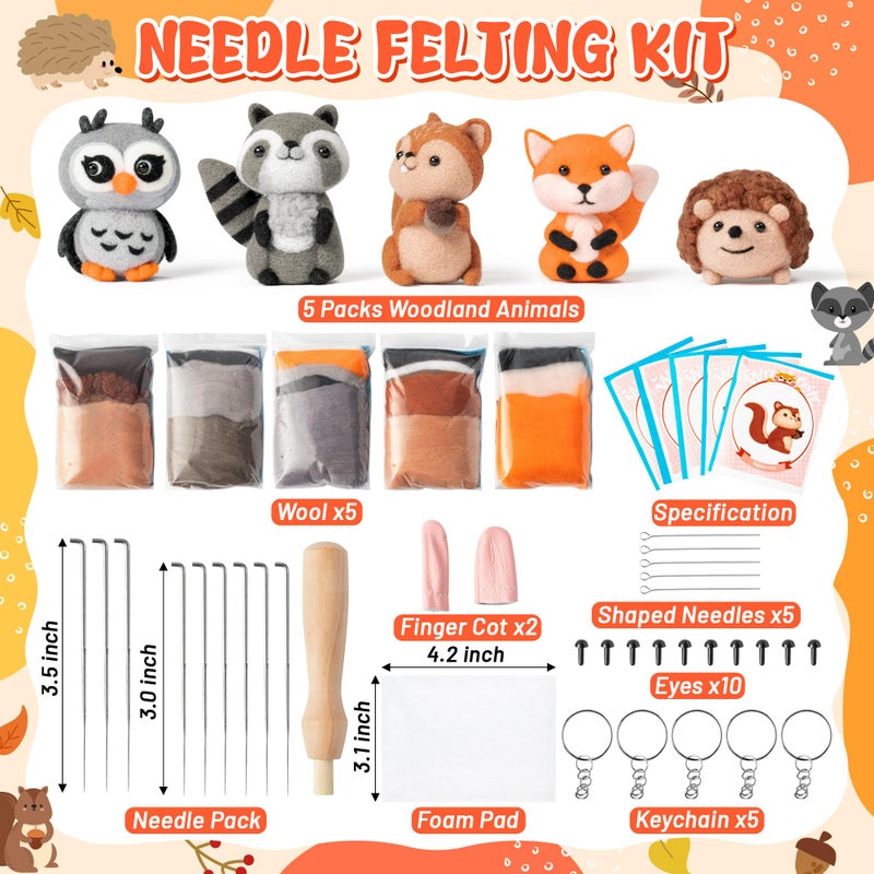 WATINC Needle Felting Kit - 5 Set Unique Different Cute Doll Wool Felt Needle Tools Foam Pad Instruction, DIY Home Decoration Craft Party Supplies for Art Work Starter Beginners (Woodland Animal) - Image 2