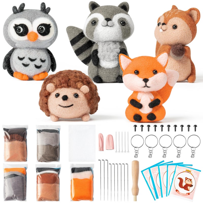 WATINC Needle Felting Kit - 5 Set Unique Different Cute Doll Wool Felt Needle Tools Foam Pad Instruction, DIY Home Decoration Craft Party Supplies for Art Work Starter Beginners (Woodland Animal) - Image 1