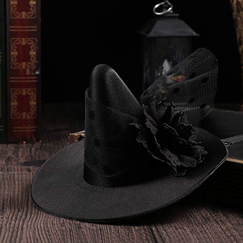 Leorx Small Witch Hat Retro Black Witch Flower Hair Clip Decorative Halloween Hair Accessories for Party (Black Flower) - Image 3