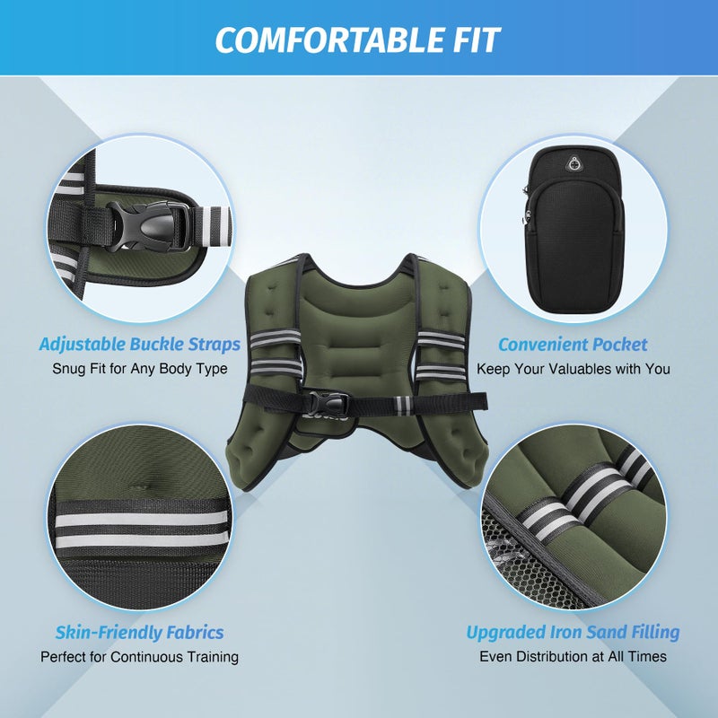 ZELUS Weighted Vest, 6lb/8lb/12lb/16lb/20lb/25lb/30lb Weight Vest with Reflective Stripe for Workout, Strength Training, Running, Fitness, Muscle Building, Weight Loss, Weightlifting, Green(8 lb) - Image 2