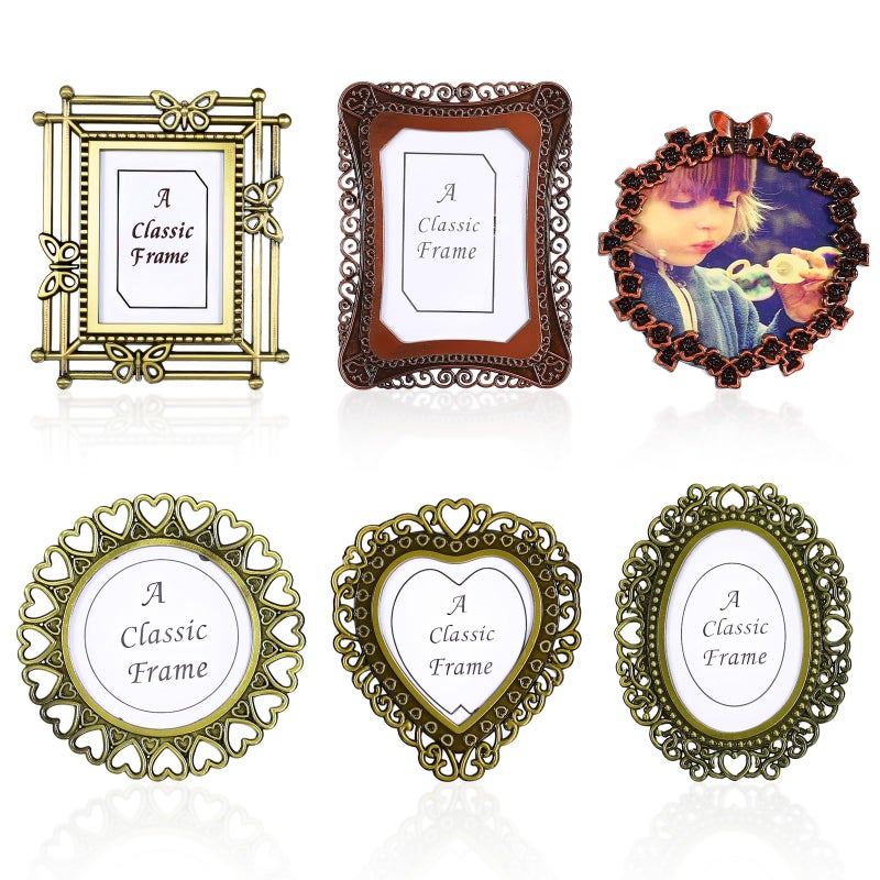 Heclia 6 Pcs Mini Picture Frame Vintage Metal Photo Frame Wallet Size Antique DIY Picture Frames in Heart Oval Round Rectangular Shapes for Bookshelf Tabletop and Wall Display Art Decor - Image 1