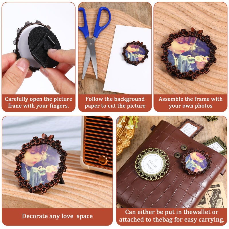 Heclia 6 Pcs Mini Picture Frame Vintage Metal Photo Frame Wallet Size Antique DIY Picture Frames in Heart Oval Round Rectangular Shapes for Bookshelf Tabletop and Wall Display Art Decor - Image 3