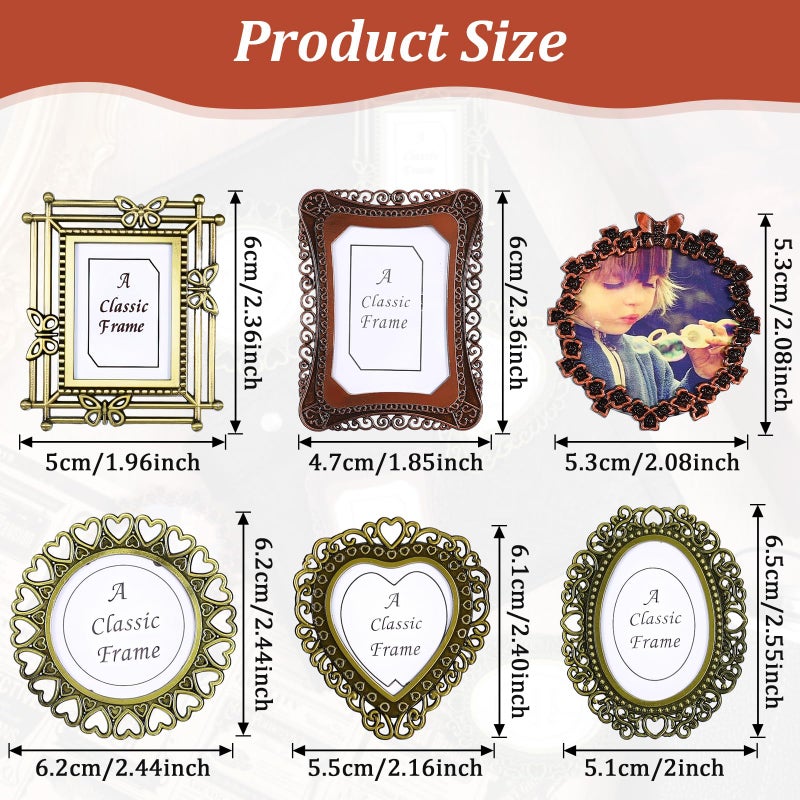 Heclia 6 Pcs Mini Picture Frame Vintage Metal Photo Frame Wallet Size Antique DIY Picture Frames in Heart Oval Round Rectangular Shapes for Bookshelf Tabletop and Wall Display Art Decor - Image 2