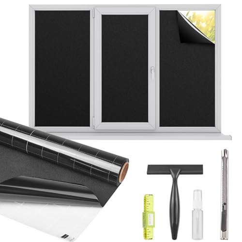 Kromapolis Blackout Window Privacy Film Total Light Blocking Room Darkening Window Covering, Removable Static Cling Frosted Glass Tint, Non-Adhesive, Black 11.8'' x 78.7'' - Image 1