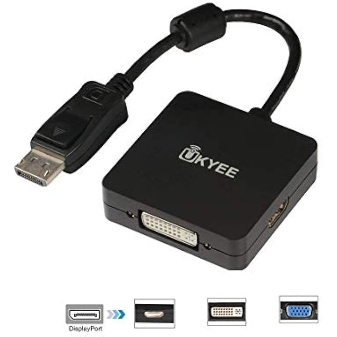 UKYEE DISPLAY PORT TO HDMI VGA DVI ADAPTER MULTI-FUNCTION 3-IN-1 DP DISPLAYPORT TO DVI HDMI VGA CONVERTER ADAPTER 1080P@60HZ MALE TO FEMALE - BLACK - Image 1