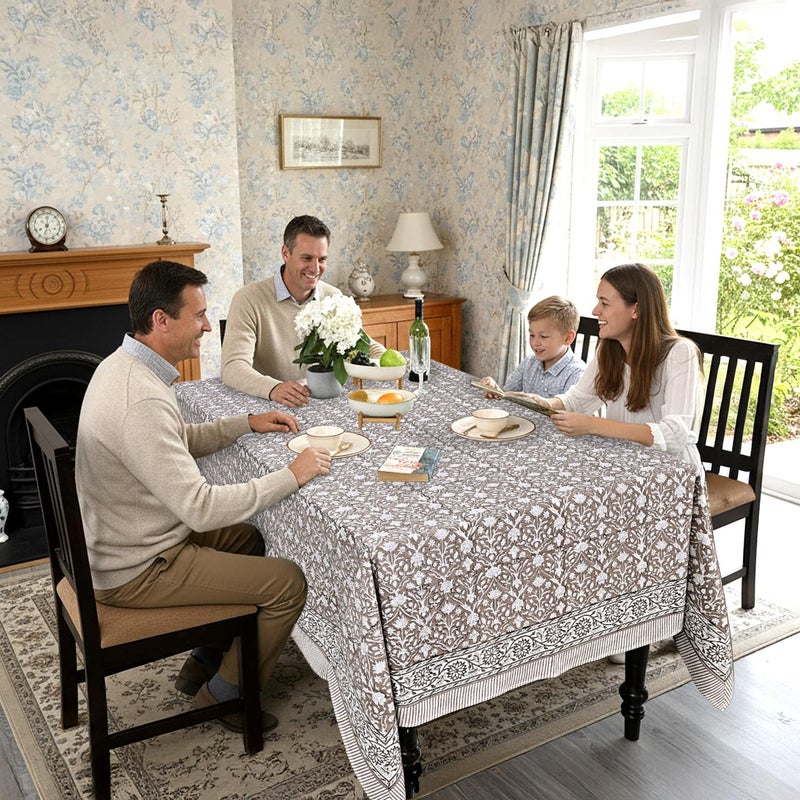 Ridhi Taupe 60x60 Inches Square Indian Hand Block Floral Printed Pure Cotton Cloth Tablecloth, Farmhouse Outdoor Wedding Restaurant Party Home Spring Fall - Image 3