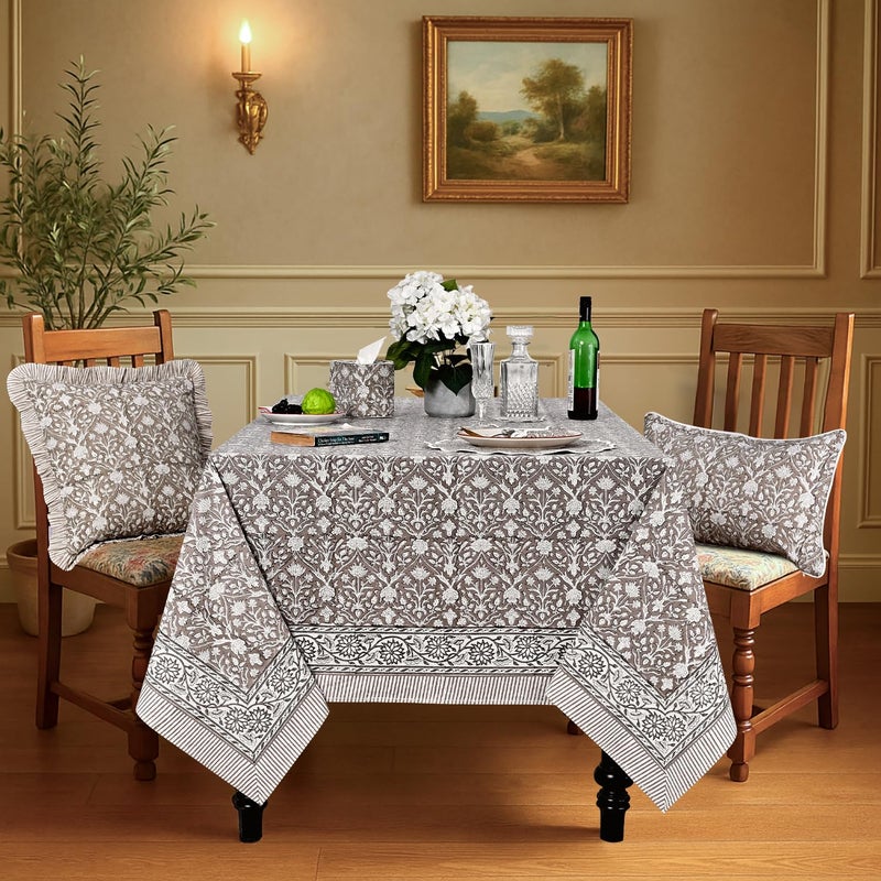 Ridhi Taupe 60x60 Inches Square Indian Hand Block Floral Printed Pure Cotton Cloth Tablecloth, Farmhouse Outdoor Wedding Restaurant Party Home Spring Fall - Image 2