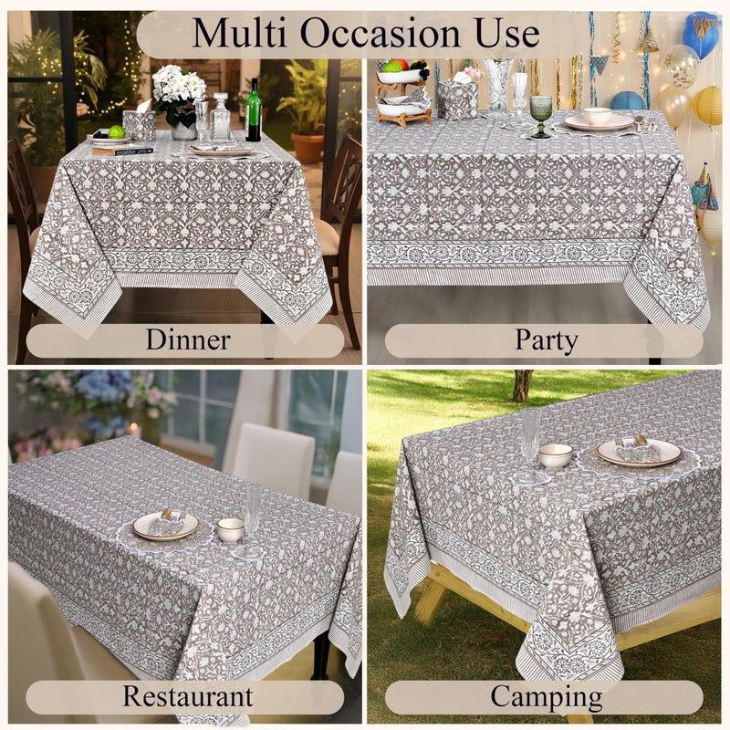 Ridhi Taupe 60x60 Inches Square Indian Hand Block Floral Printed Pure Cotton Cloth Tablecloth, Farmhouse Outdoor Wedding Restaurant Party Home Spring Fall - Image 5