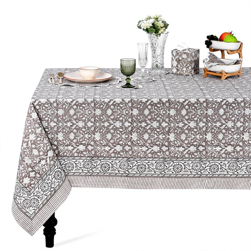 Ridhi Taupe 60x60 Inches Square Indian Hand Block Floral Printed Pure Cotton Cloth Tablecloth, Farmhouse Outdoor Wedding Restaurant Party Home Spring Fall - Image 1