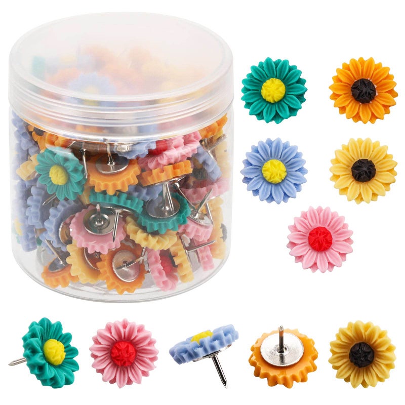 Tecbeauty 100Pcs Sunflower Pushpins Decorative Floret Push Pins with Bottles Colorful Flower Thumb Tacks for Bulletin Board Cork Board Photo Wall Office or Home