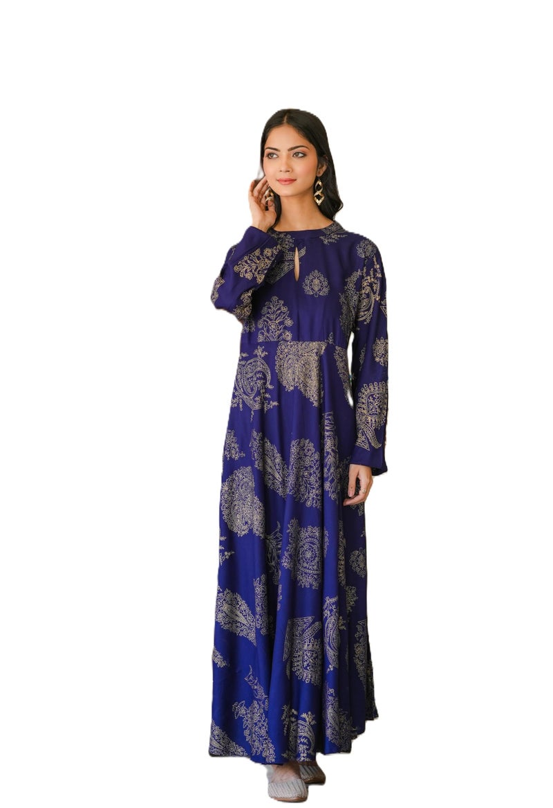 Arayna Women's Long Rayon Printed Anarkali Kurta Dress, Ethnic Wear for Casual, Festive, and Party Occasion, Blue, Medium - Image 1