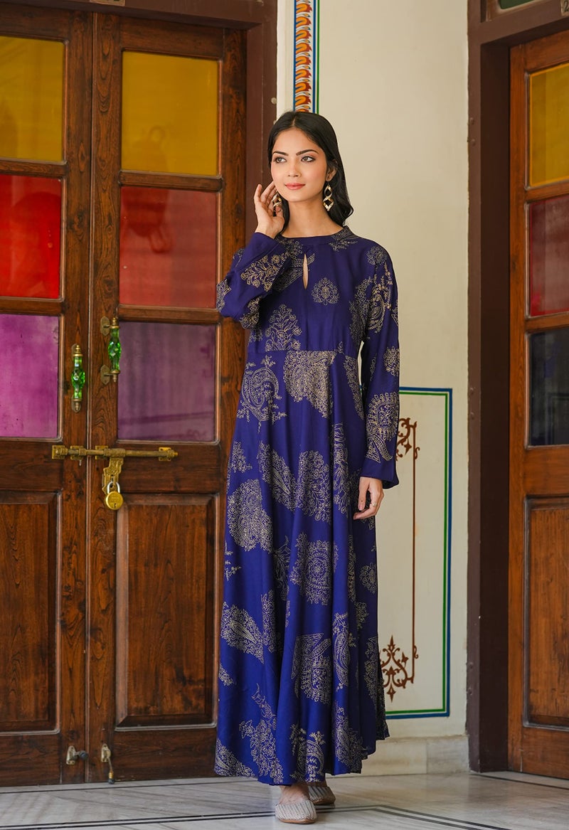 Arayna Women's Long Rayon Printed Anarkali Kurta Dress, Ethnic Wear for Casual, Festive, and Party Occasion, Blue, Medium - Image 3