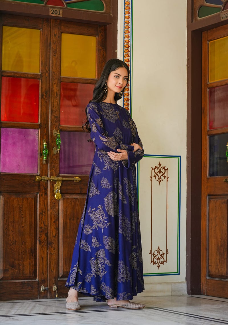 Arayna Women's Long Rayon Printed Anarkali Kurta Dress, Ethnic Wear for Casual, Festive, and Party Occasion, Blue, Medium - Image 5