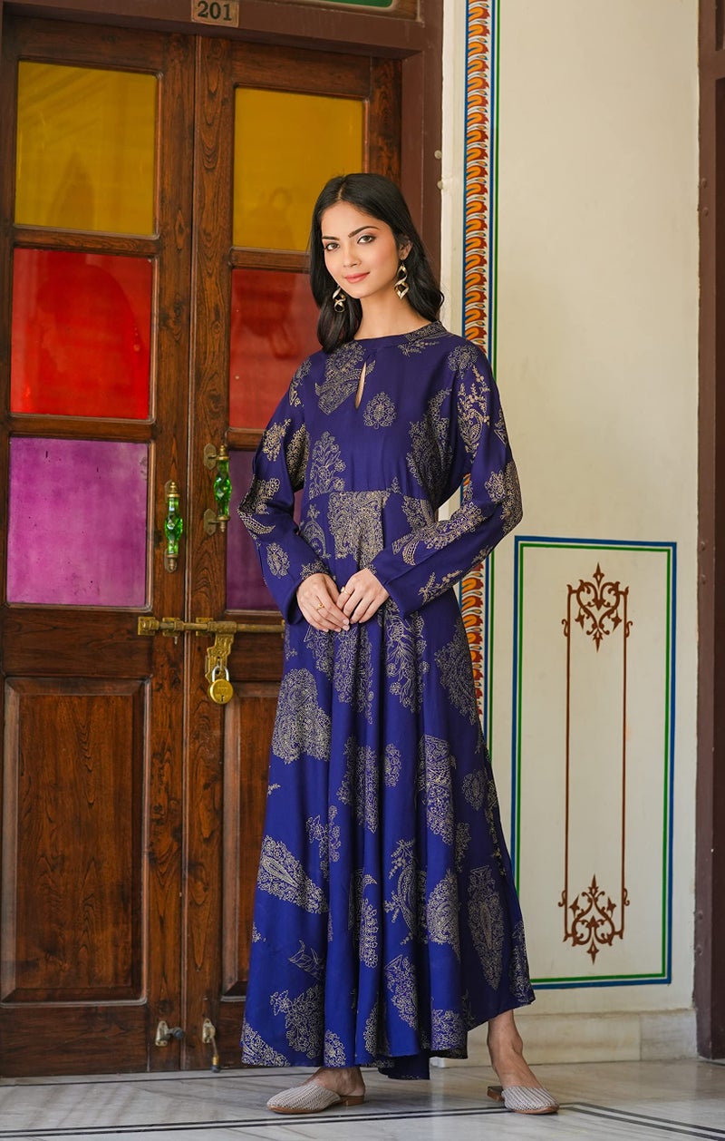 Arayna Women's Long Rayon Printed Anarkali Kurta Dress, Ethnic Wear for Casual, Festive, and Party Occasion, Blue, Medium - Image 4