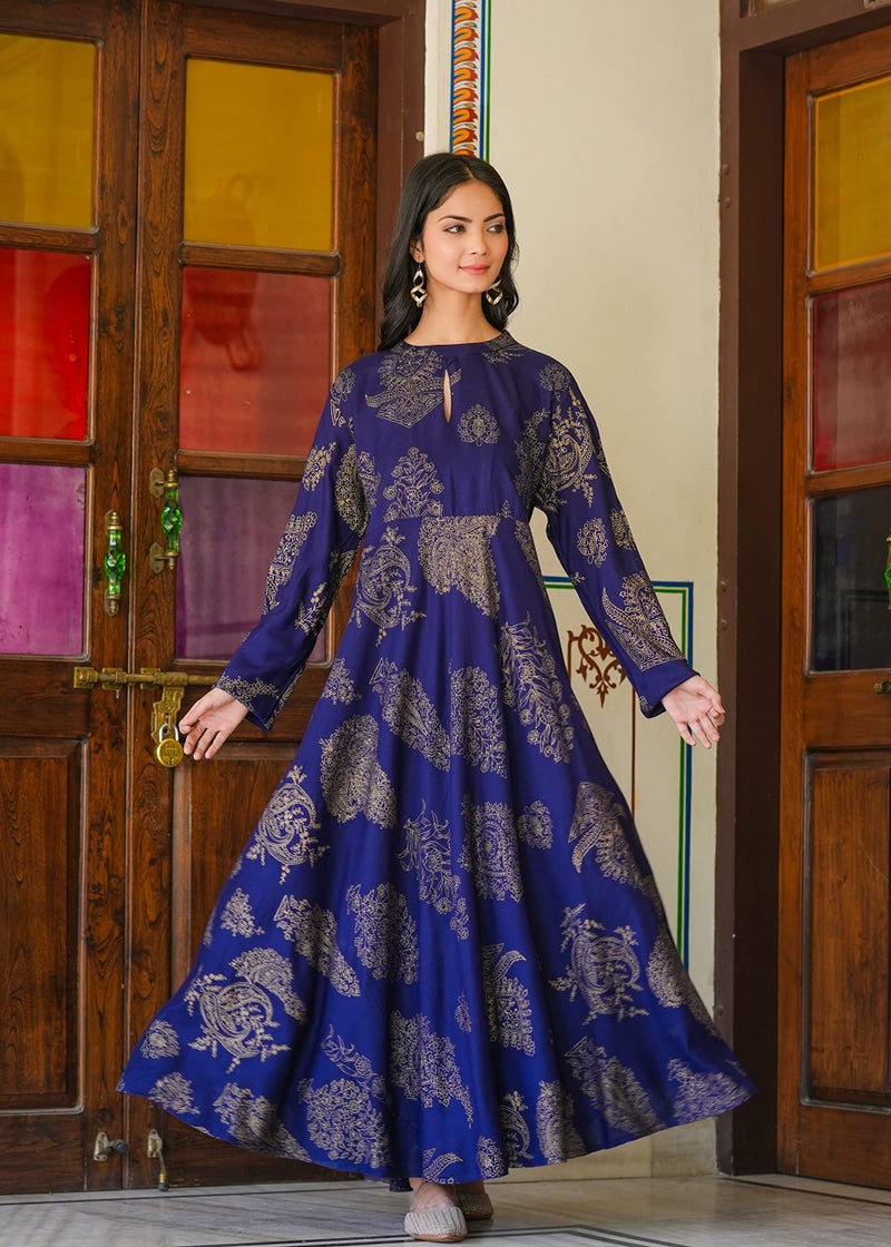 Arayna Women's Long Rayon Printed Anarkali Kurta Dress, Ethnic Wear for Casual, Festive, and Party Occasion, Blue, Medium - Image 2