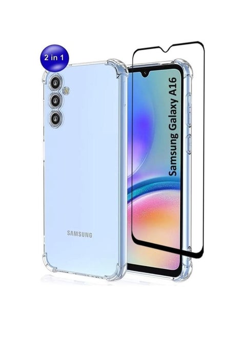 2in1 Pack Ultra Clear Flexible Shockproof Silicone Case Cover With Raised Edge Bumps Protection and Tempered Glass Screen Protector fer Samsung Galaxy A16