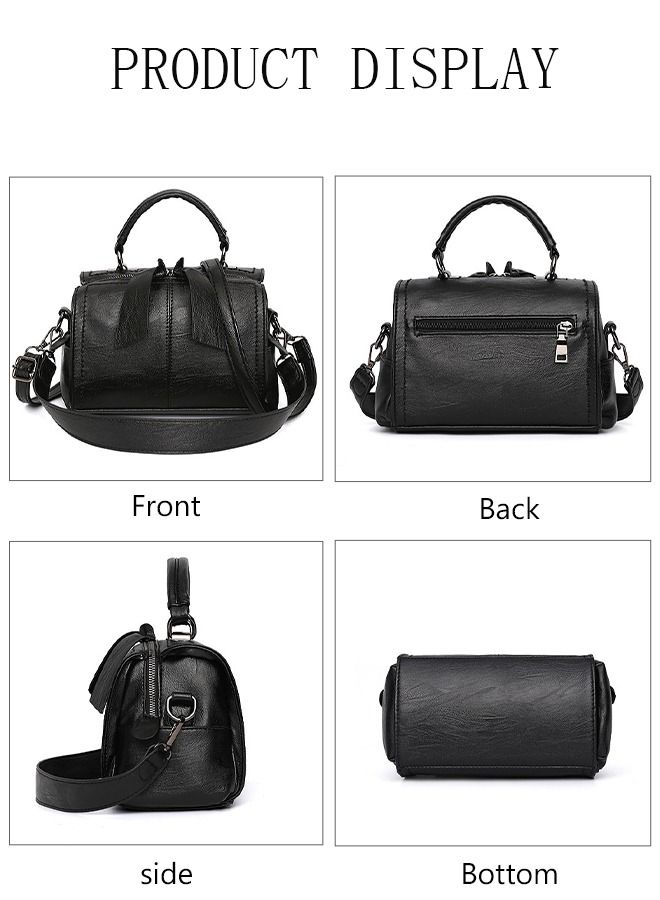 Fashion Design Women Vintage Handbag Leather Shoulder Bag Women Crossbody Bag with Detachable Shoulder Strap Women Bag (Black)  - Image 5