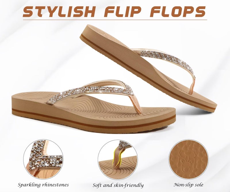 KuaiLu Women's Rhinestone Flip Flops with Comfort Arch Support Yoga Mat Cushion Sandals Fashion Summer Beach Travel Walking Thong Orthopedic Sandles Slip on Plantar Fasciitis Beige 6 - Image 4