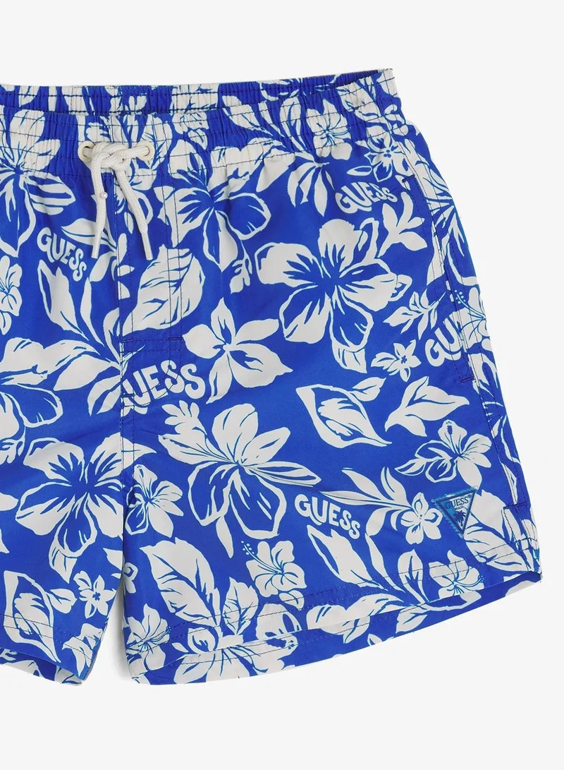 Guess Florescent Blue Logo Youth Printed Drawstring Swim Shorts for Men | Best Price UAE