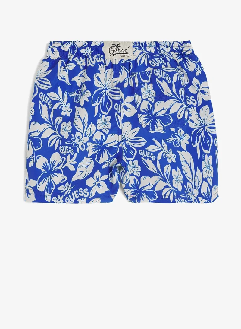 Guess Florescent Blue Logo Youth Printed Drawstring Swim Shorts for Men | Best Price UAE