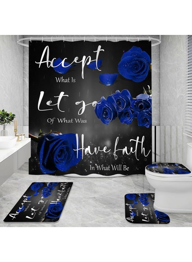 Litabel 4 Pcs Blue Rose Shower Curtain Sets with Non-Slip Rug, Toilet Lid Cover and Bath Mat, Thankful Grateful Blessed Black Blue Retro Elegant Shower Curtain Valentine's Day Bathroom Set(Hooks Not Included) - Image 2
