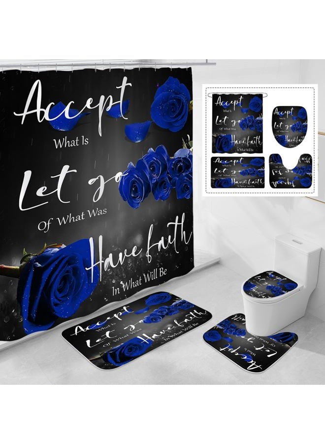 Litabel 4 Pcs Blue Rose Shower Curtain Sets with Non-Slip Rug, Toilet Lid Cover and Bath Mat, Thankful Grateful Blessed Black Blue Retro Elegant Shower Curtain Valentine's Day Bathroom Set(Hooks Not Included) - Image 1
