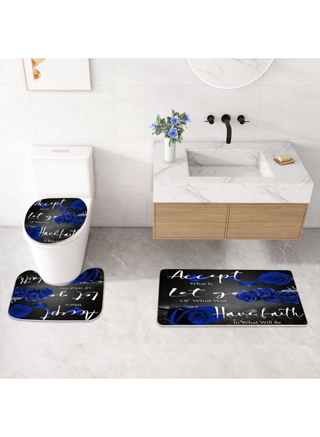 Litabel 4 Pcs Blue Rose Shower Curtain Sets with Non-Slip Rug, Toilet Lid Cover and Bath Mat, Thankful Grateful Blessed Black Blue Retro Elegant Shower Curtain Valentine's Day Bathroom Set(Hooks Not Included) - Image 5