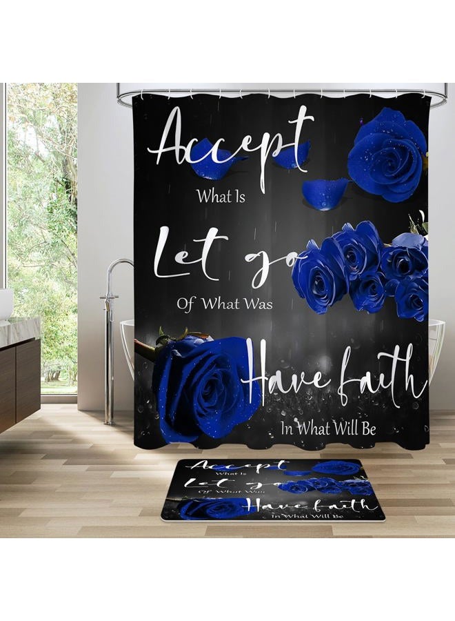 Litabel 4 Pcs Blue Rose Shower Curtain Sets with Non-Slip Rug, Toilet Lid Cover and Bath Mat, Thankful Grateful Blessed Black Blue Retro Elegant Shower Curtain Valentine's Day Bathroom Set(Hooks Not Included) - Image 4