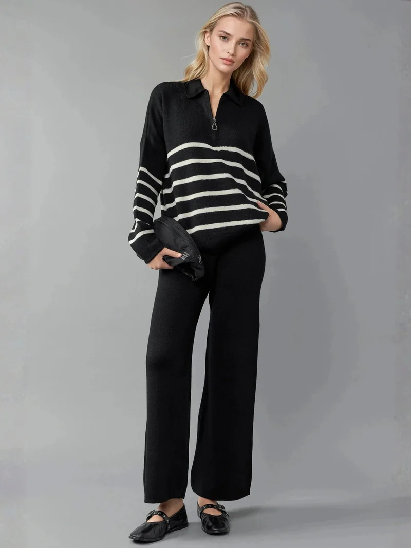 MY FASHION MY FASHION Zipper Collar Striped Sweater & Pants Knit Co-ord Set