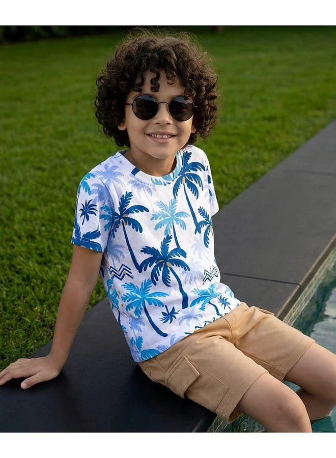 Ollington St. Ollington St. Cotton Knit Coconut Tree Printed T-Shirt & Knit Shorts Set - White & Beige