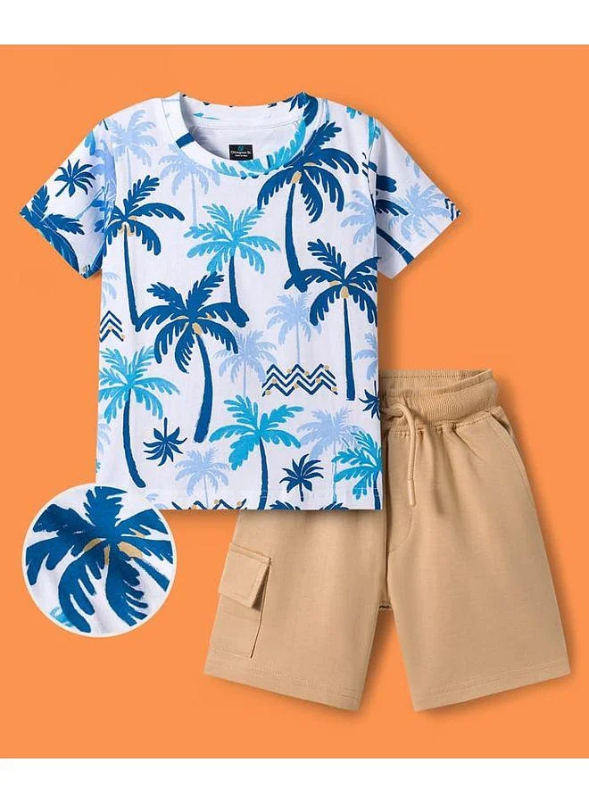 Ollington St. Ollington St. Cotton Knit Coconut Tree Printed T-Shirt & Knit Shorts Set - White & Beige