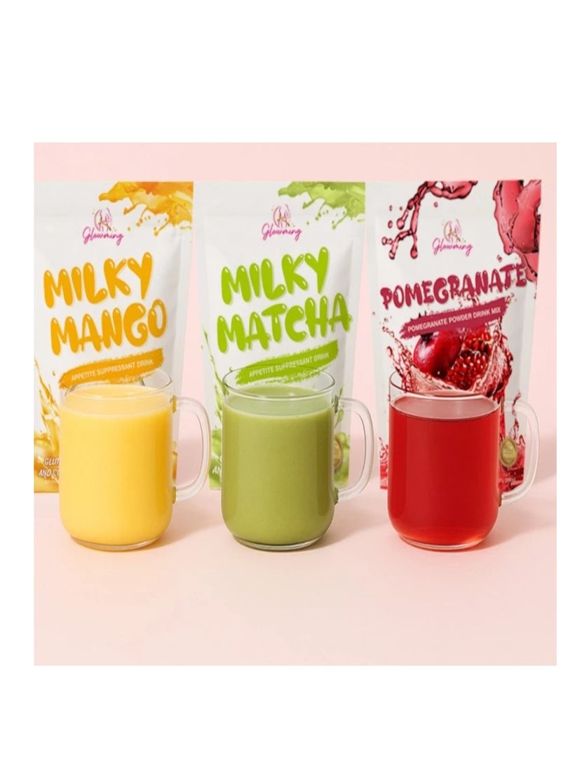 Cc Flavored drinks: Mango milk, Matcha milk, and Pomegranate