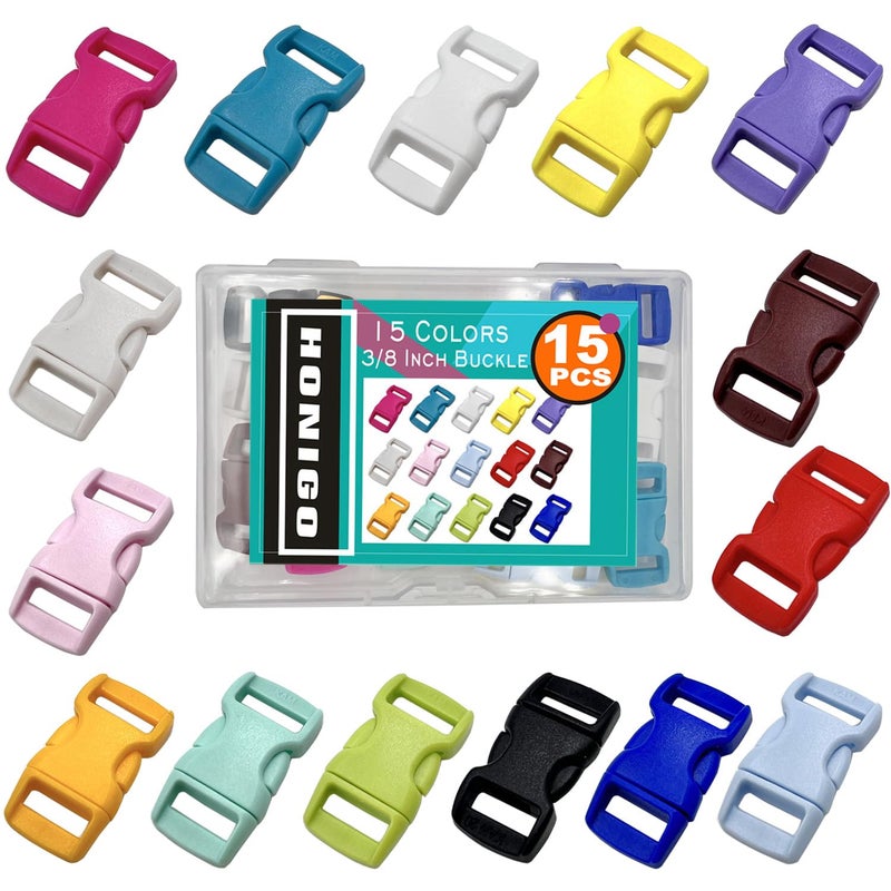honigo 15 PCS 3/8 Inch Plastic Curved Buckle 15 Colors Quick Side Release Arched Buckle Heavy Duty Plastic Replacement for Paracord accessories,Dog Collar Clips,Sewing Accessories - Image 1