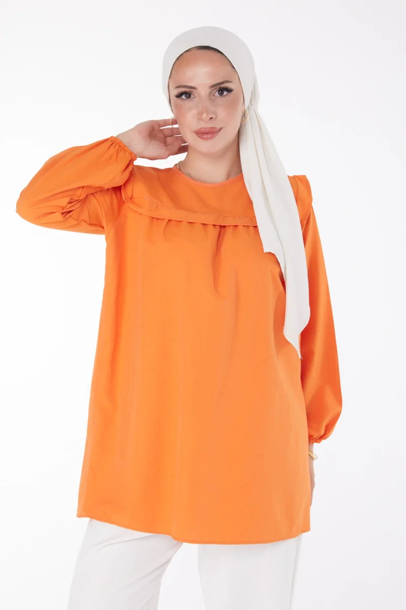 Tofisa Plain Crew Neck Women's Orange Ruffle Detail Tunic - 13142